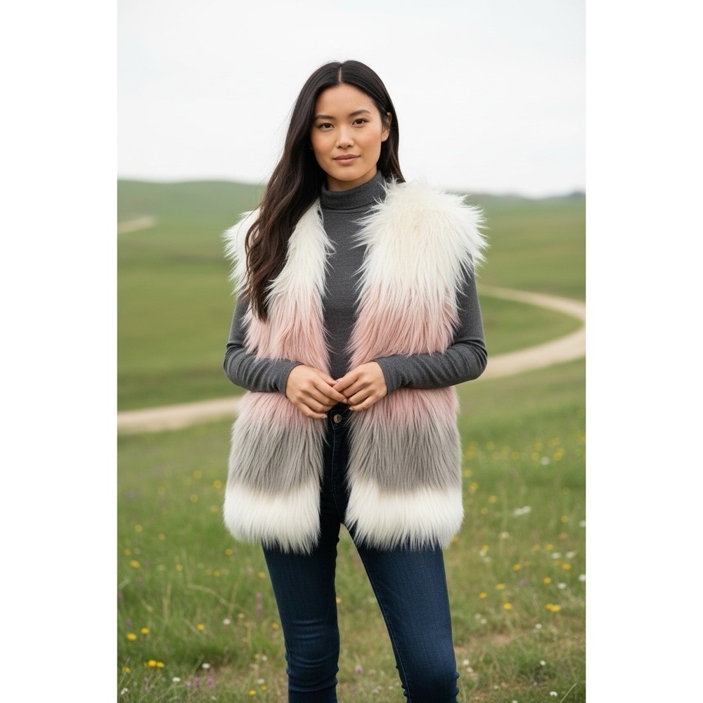 Joseph A Women's Colorblock Faux Fur Open Front Lined Sleeveless Vest, M